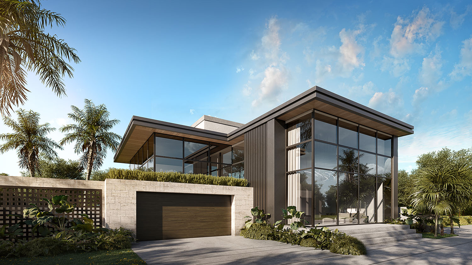 Modern house with large glass windows, a flat roof, and a wooden garage door. The exterior features concrete and wood elements, surrounded by palm trees and lush greenery under a clear blue sky.