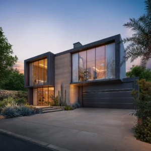 Modern two-story house with large windows, cactus plants, and a spacious driveway.