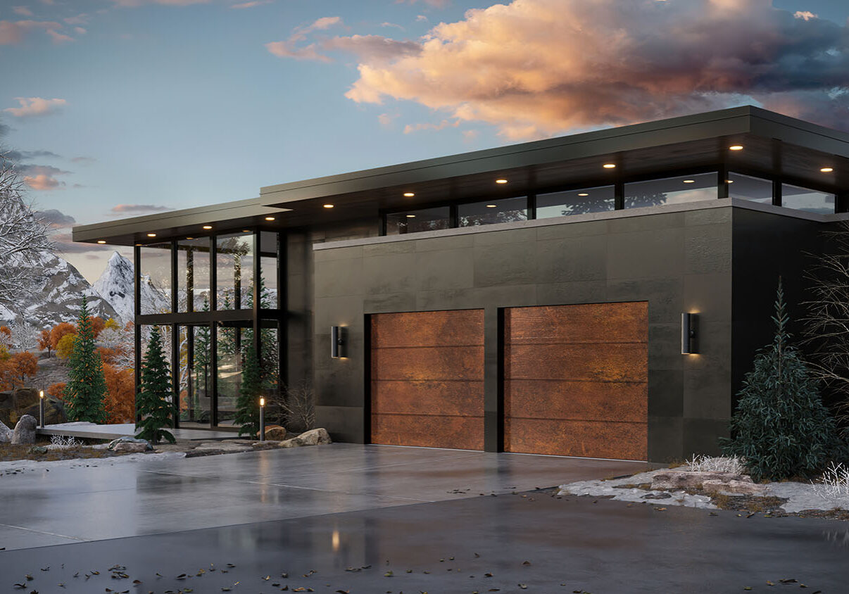 04_Mountain Modern_R3_4K_Unitherm Modern house with large glass windows, two garage doors, and scenic mountains in the background.