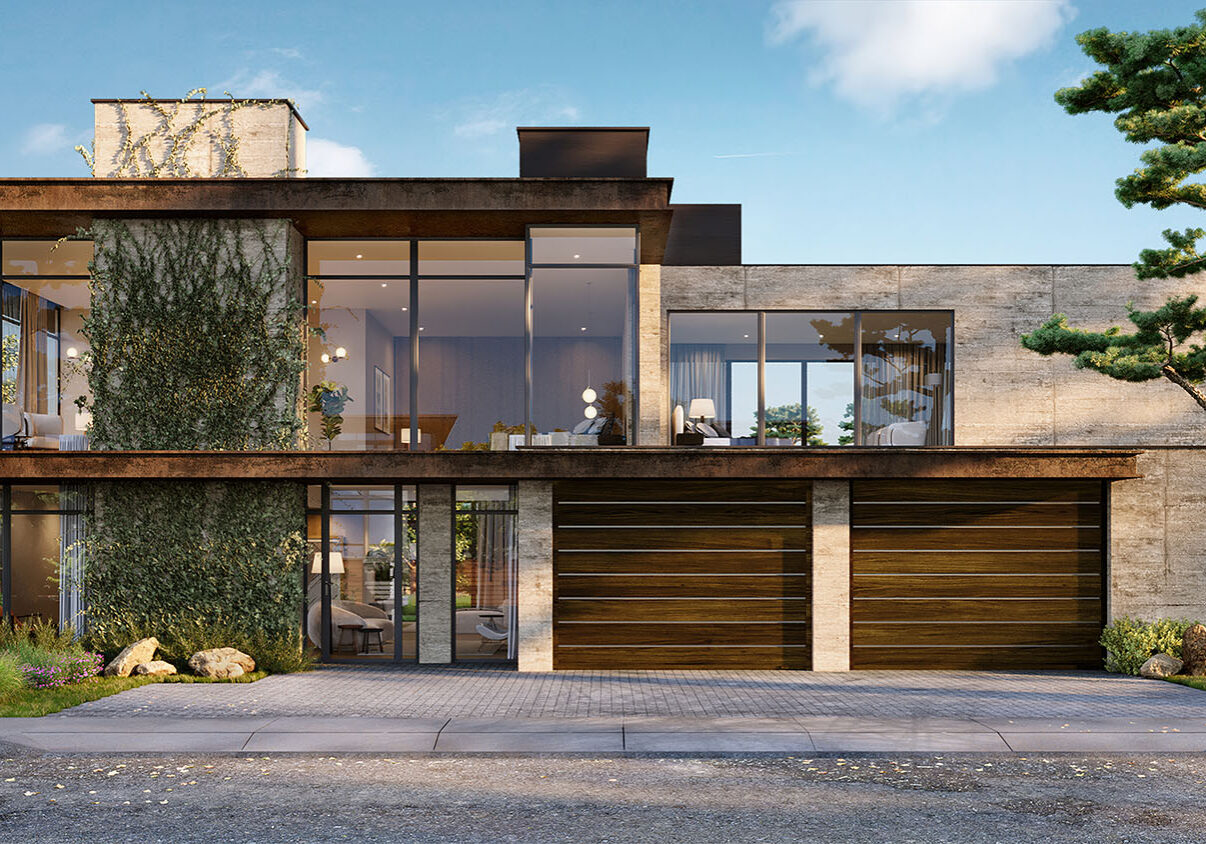 05_Seatle Modern_R3_4K_UniPro Modern house with large windows, stone walls, and a green living wall, surrounded by trees.