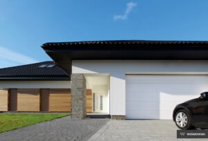 Modern house entrance with stone accent and a black car parked in front.